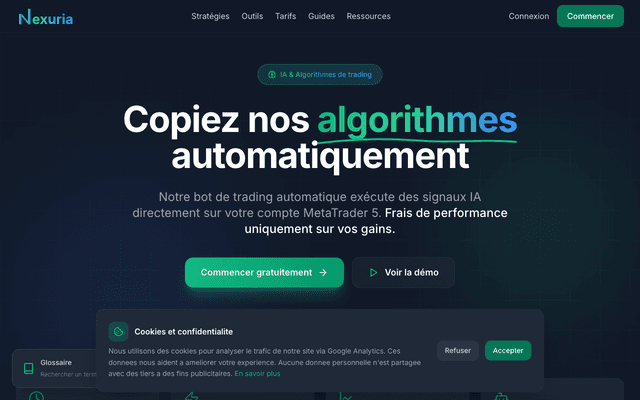Capture du site Nexuria, plateforme SaaS de trading créée par GooServices